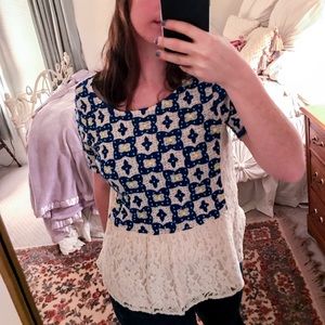 Anthropologie Embroidered Peplum with lace detail